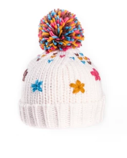 Evercreatures Hats And Beanies Girls Maggie Knitted Bottle Hat With Sewn Flowers - Cream