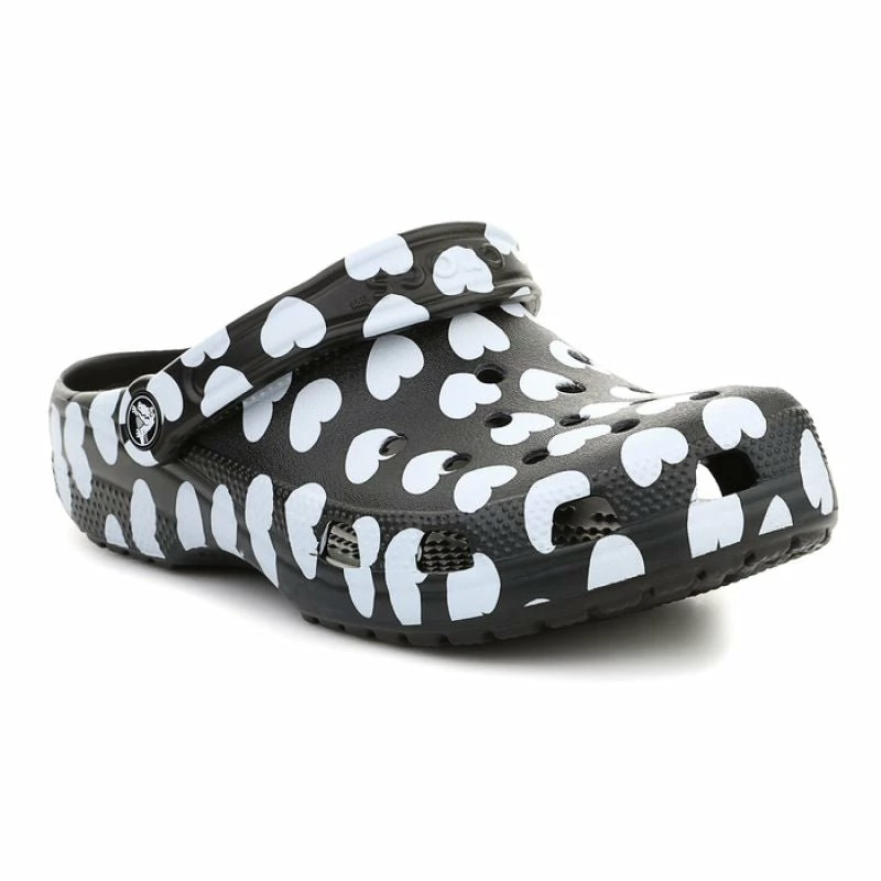 Crocs Womens Classic Heart Print Clog - Black/White Slides